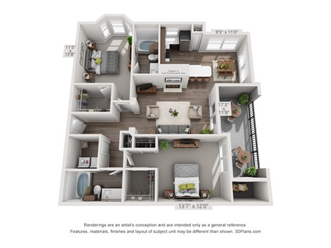 Floor plan for 2 beds, 2 baths, 1124 sqft